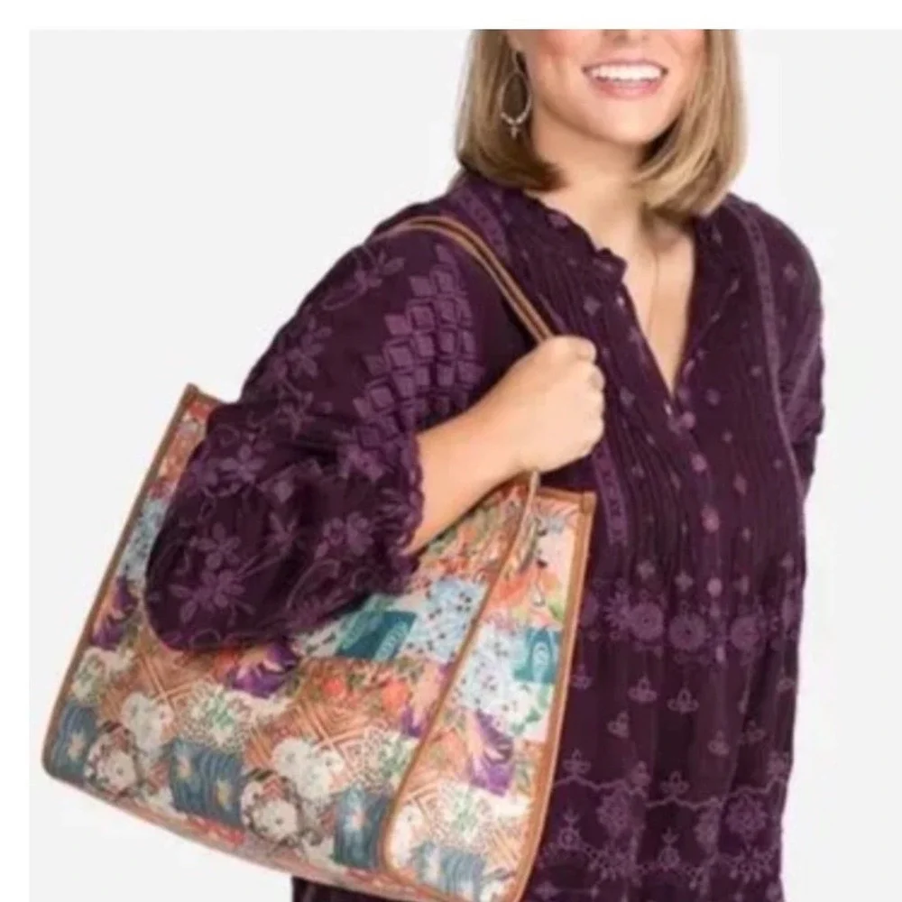 Johnny‎ Was Patchwork Print Leather Trim Tote Bag Floral Boho Italy Large